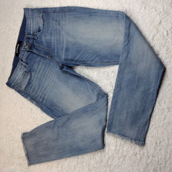 Express Stretch Super Skinny Mid Rise Blue Light Wash Raw Hem Jeans
